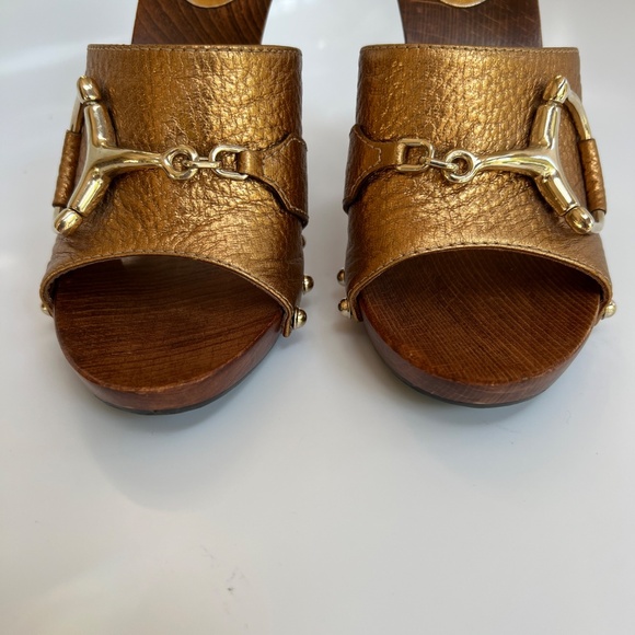 GUCCI HORSEBIT WOODEN PLATFORM SANDALS COPPER LEATHER SZ 36 6. - Picture 13 of 16
